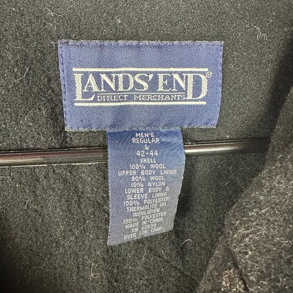 Vintage Lands' End Duffle Coat Mens L Charcoal Grey Wool Toggle Hooded Winter